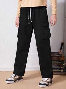 SHEIN Thiếu niên con trai Túi nắp bên cạnh Eo dây rút Quần Cargo - màu đen - Xem 3