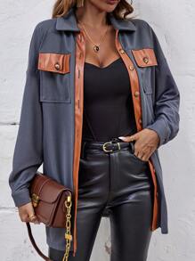 SHEIN LUNE Viền tương phản Túi có nắp Thả vai áo - Xám - Xem 1