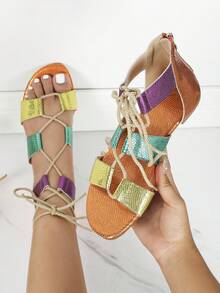 Summer Multi-strap Decor Holiday Slip-resistant Fashionable Flat Sandals For Women - Multicolor - View 1