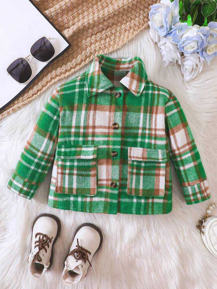 Young Girl Plaid Print Flap Pocket Overcoat for Christmas