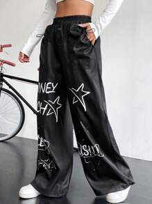 StreetHx Star & Letter Graphic Drawstring Hem Wide Leg Pants Fall Cloth For Women - Black - View 5