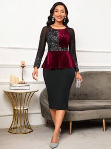 SHEIN Lady 網紗拼接插肩袖拼接亮片絲絨荷葉邊下擺襯衫 - 彩色 - 查看 5