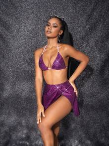 Glitter Triangle Bikini Set With Beach Skirt - Purple - View 8