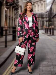 SHEIN Clasi Plus Floral Print Satin Blazer - Multicolor - View 3