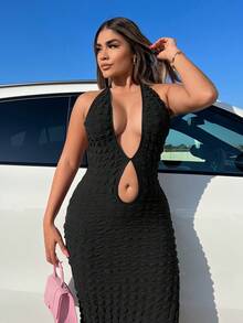 SHEIN SXY Vestido con abertura de espalda abierta con cordón de cuello halter - Negro - Ver 3