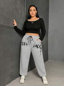 SHEIN EZwear 大碼圖案印花腰部抽繩衛褲 - 淺灰色 - 查看 5