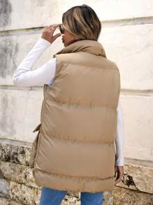 SHEIN Cottnline Flap Pocket Puffer Vest Coat - Apricot - View 2