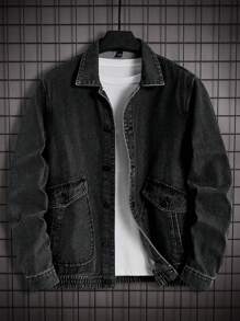 Manfinity Men Flap Pocket Denim Jacket Without Tee - Dark Grey - View 1