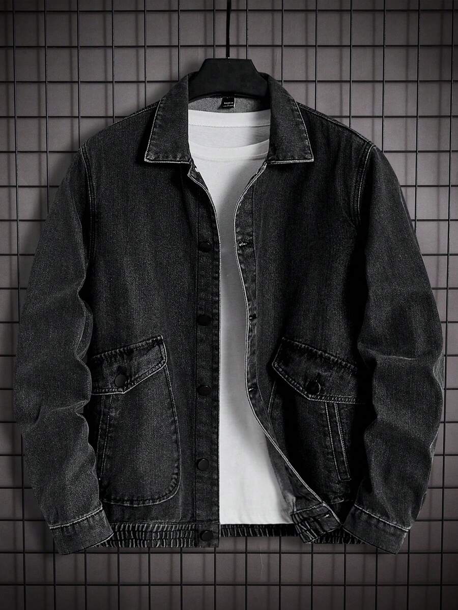 Manfinity Men Flap Pocket Denim Jacket Without Tee - Dark Grey - View 1