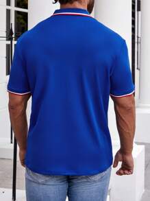 Manfinity Homme Men Graphic Contrast Trim Half Button Dress Polo Shirt, Cotton Royal Blue Golf Americana Style Shirt For Friends - Blue - View 2