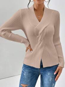 SHEIN Unity 前扭結條紋針織下擺開叉套頭毛衣 - 杏色 - 查看 6