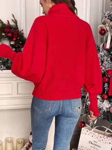 SHEIN Frenchy Christmas Letter Pattern Turtleneck Batwing Sleeve Sweater,Long Sleeve Tops