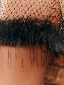 SHEIN X GiudiceGirls 毛茸邊水鑽鉚釘細節薄透緊身洋裝不附帶內衣褲套裝 - 黑色 - 查看 6