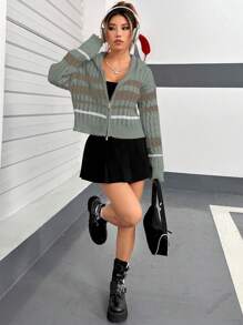 SHEIN Unity Mẫu sọc Dây kéo Xoắn Dan áo có mũ Áo len Mở - Xám - Xem 6