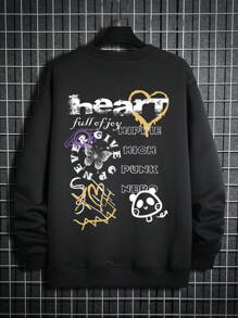 Manfinity Homme Loose Fit Men's Sweatshirt With Slogan & Cartoon Graphic - Black - View 3
