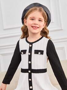 女小童雙色前紐扣洋裝 - 黑與白 - 查看 5