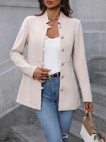 SHEIN LUNE 素色前紐扣外套 - 杏色 - 查看 3