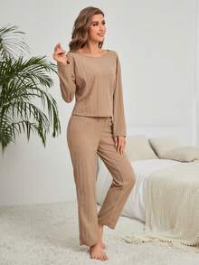 Drop Shoulder Tee & Pants Lounge Set - Camel - View 4