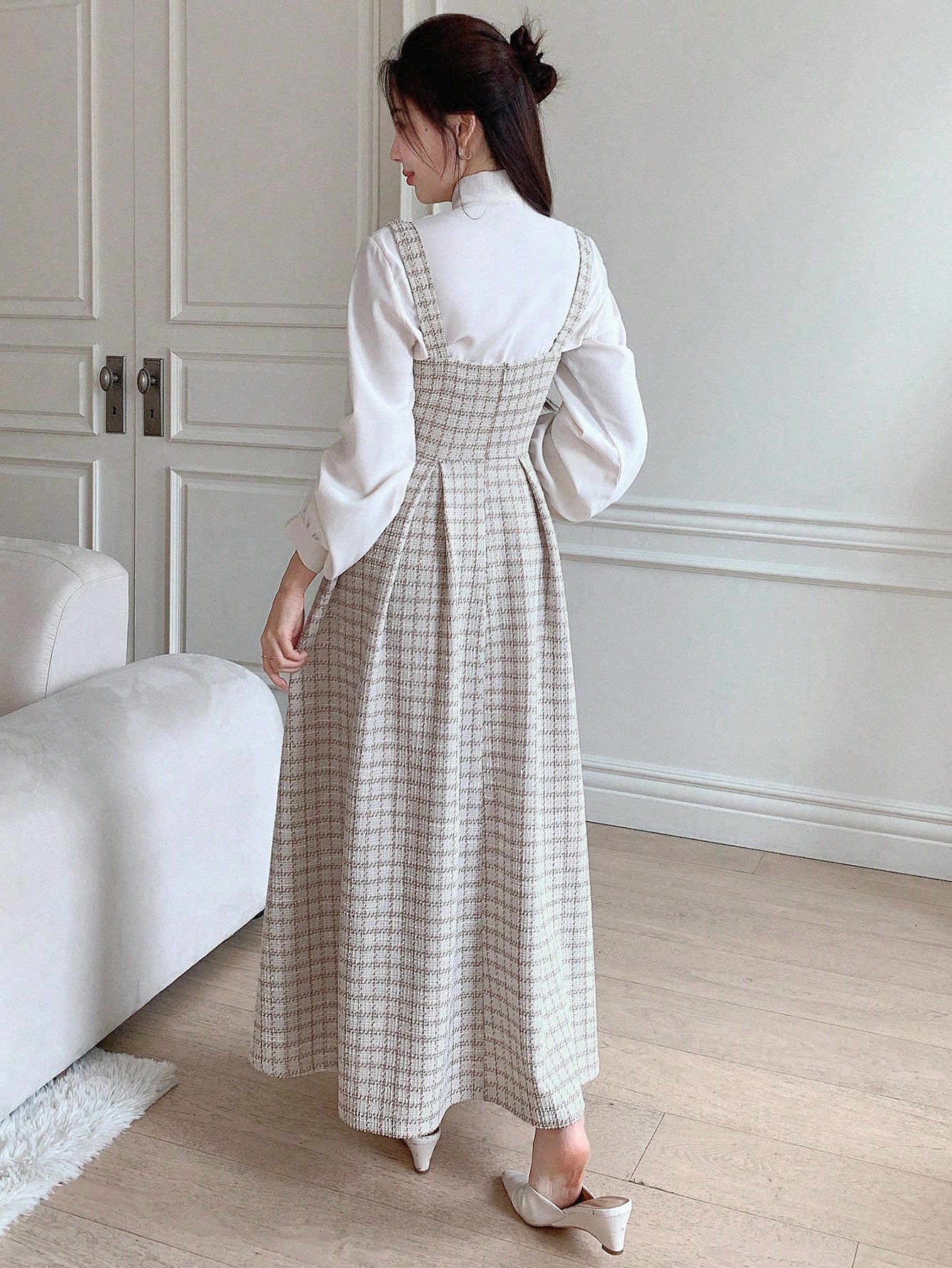 DAZY فستان طويل بدون أكمام بتصميم مربعات، فستان طو...