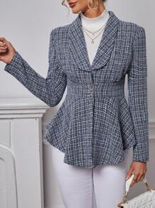 SHEIN Privé Hoa văn kẻ sọc Khăn quàng Peplum Hem Tweed Áo khoác - Xanh và trắng - Xem 4