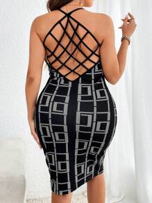 SHEIN Privé Plus Geo Print Crisscross Backless Halter Bodycon Dress - Grey - View 1