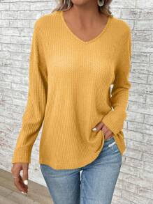 EMERY ROSE Women's Solid V-Neck Drop Shoulder Long Sleeve Loose Casual T-Shirt, Spring & Summer Tops With Sleeves Fall Women Clothes - Yellow - View 3