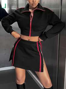 SHEIN SXY Zip Up Crop Sweatshirt & Skirt - Black - View 1