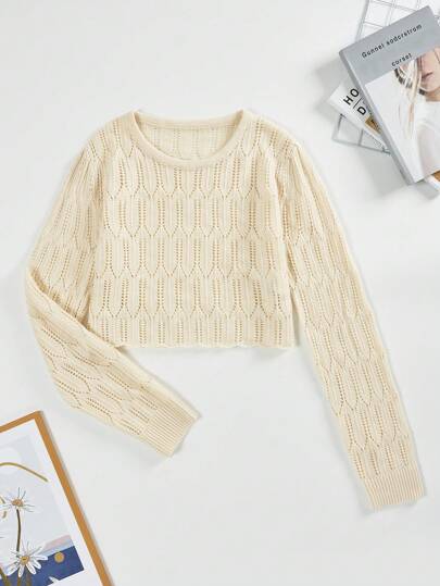 SHEIN EZwear Solid Pointelle Knit Crop Sweater