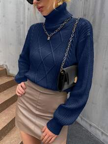 SHEIN Privé Turtleneck Cable Knit Drop Shoulder Sweater - Royal Blue - View 5