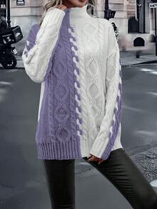 SHEIN LUNE Two Tone High Neck Cable Knit Drop Shoulder Sweater - Mauve Purple - View 6