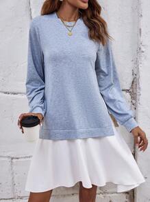 SHEIN LUNE Two Tone Ruffle Hem Sweatshirt Dress Pullover Fall Outfit - Grey - View 1