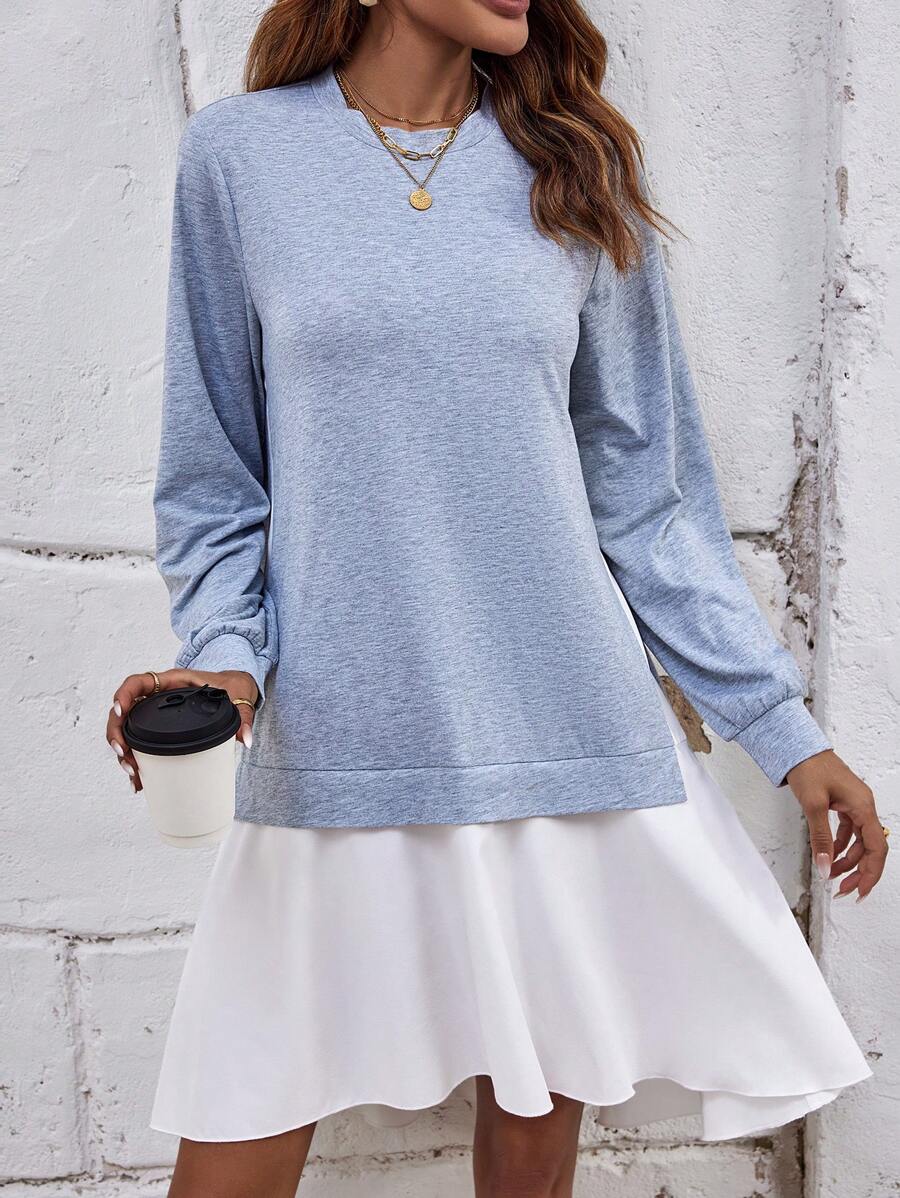 SHEIN LUNE Two Tone Ruffle Hem Sweatshirt Dress Pullover Fall Outfit - Grey - View 1