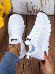 秋冬女士最流行的户外运动鞋，柔软条纹装饰鞋底，前部系带设计，女士运动鞋 - 白色 - 查看 4