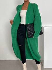 SHEIN Essnce Dual Pocket Drop Shoulder Belted Duster Cardigan - Green - View 3