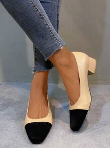 方頭粗跟PU皮革高跟鞋 - 杏色 - 查看 4
