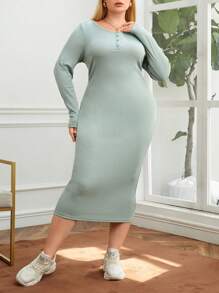 SHEIN Essnce 大碼素色前紐扣緊身洋裝 - 綠色 - 查看 3