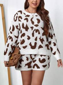 SHEIN Unity Plus Leopard Pattern Drop Shoulder Sweater & Knit Shorts - Multicolor - View 3