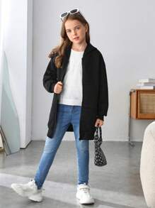 SHEIN Tween 女童休闲针织纯色连帽长款外套秋冬季 - 黑色 - 查看 4