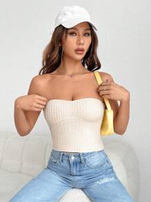 SHEIN EZwear 女性無肩帶針織衣 - 杏色 - 查看 3