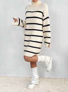 Flirla Striped Pattern Drop Shoulder Sweater Dress