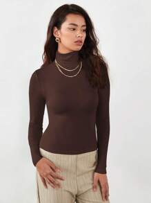 RueChic Solid Brown Turtleneck Elastic Fitted Blouse, Work Uniform - Chocolate Brown - View 4