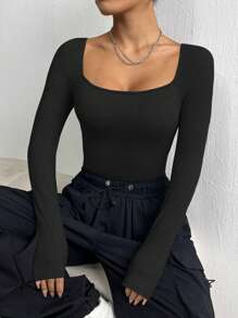 Xyvia Square Neck Raglan Sleeve Bodysuit Fall Cloth For Women - Black - View 6