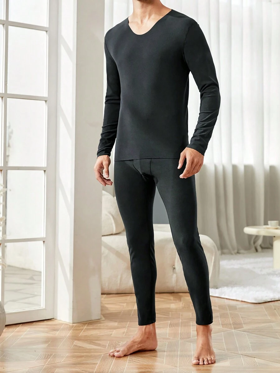 Men Solid V Neck Thermal Underwear Set - Dark Grey - View 1
