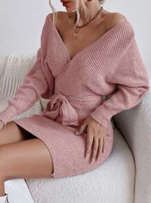 Chiquease Chất rắn Bọc tay cánh Thắt lưng Đầm Áo len - Bụi hồng - Xem 5