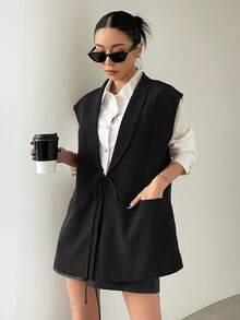 DAZY Khăn quàng Tie Trước Áo khoác Vest - màu đen - Xem 4