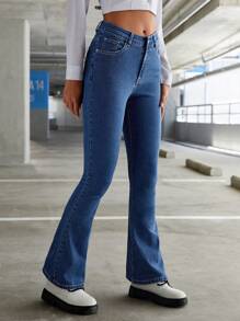 SHEIN ICON Embroidery Detail Flap Pocket Flare Leg Jeans - Medium Wash - View 3