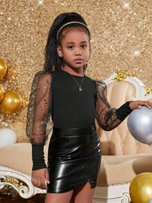 SHEIN Tween Girls' Fashion Party Knit Round Neck Mesh Panel Long Sleeve Blouse - Black - View 4