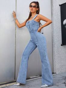 SHEIN ICON 前紐扣喇叭牛仔連身褲 - 藍色 - 查看 1