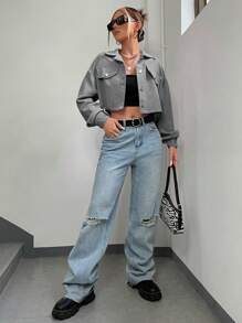 SHEIN EZwear Cazadora con diseño de solapa de hombros caídos crop de pana