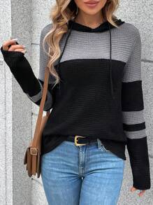 SHEIN LUNE 春夏女士帽子裝飾顏色塊針織格子圖案休閒t恤 - 灰色 - 查看 1